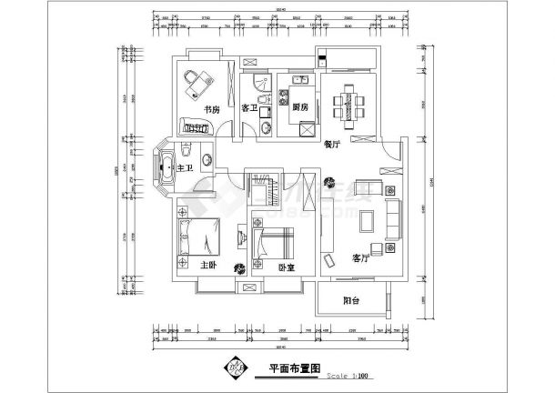 3室2厅2卫1阳台户型平面设计CAD图纸（长13.14米/宽12.24米）-图一