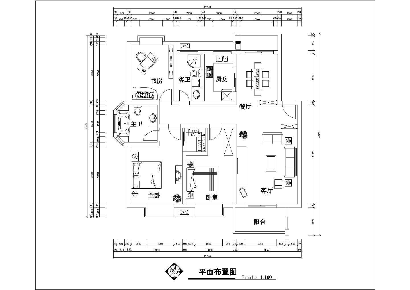 3室2厅2卫1阳台户型平面设计CAD图纸（长13.14米/宽12.24米）