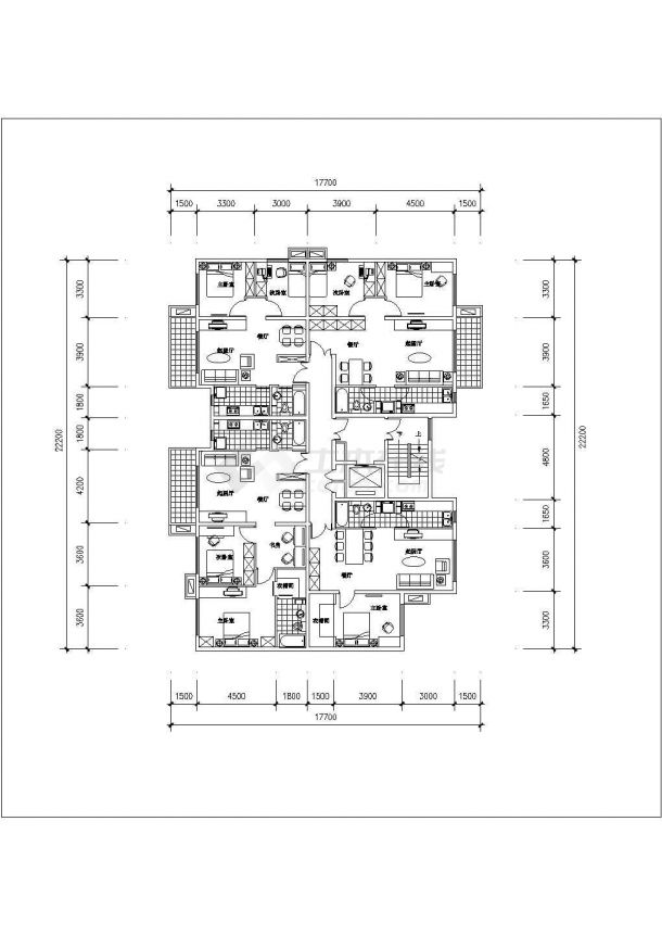 上海某住宅楼2梯4户标准层平面设计cad图纸90平四套方案