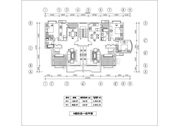 186+166平米2栋住宅楼的标准层平面设计CAD图纸（1层2户型）-图二