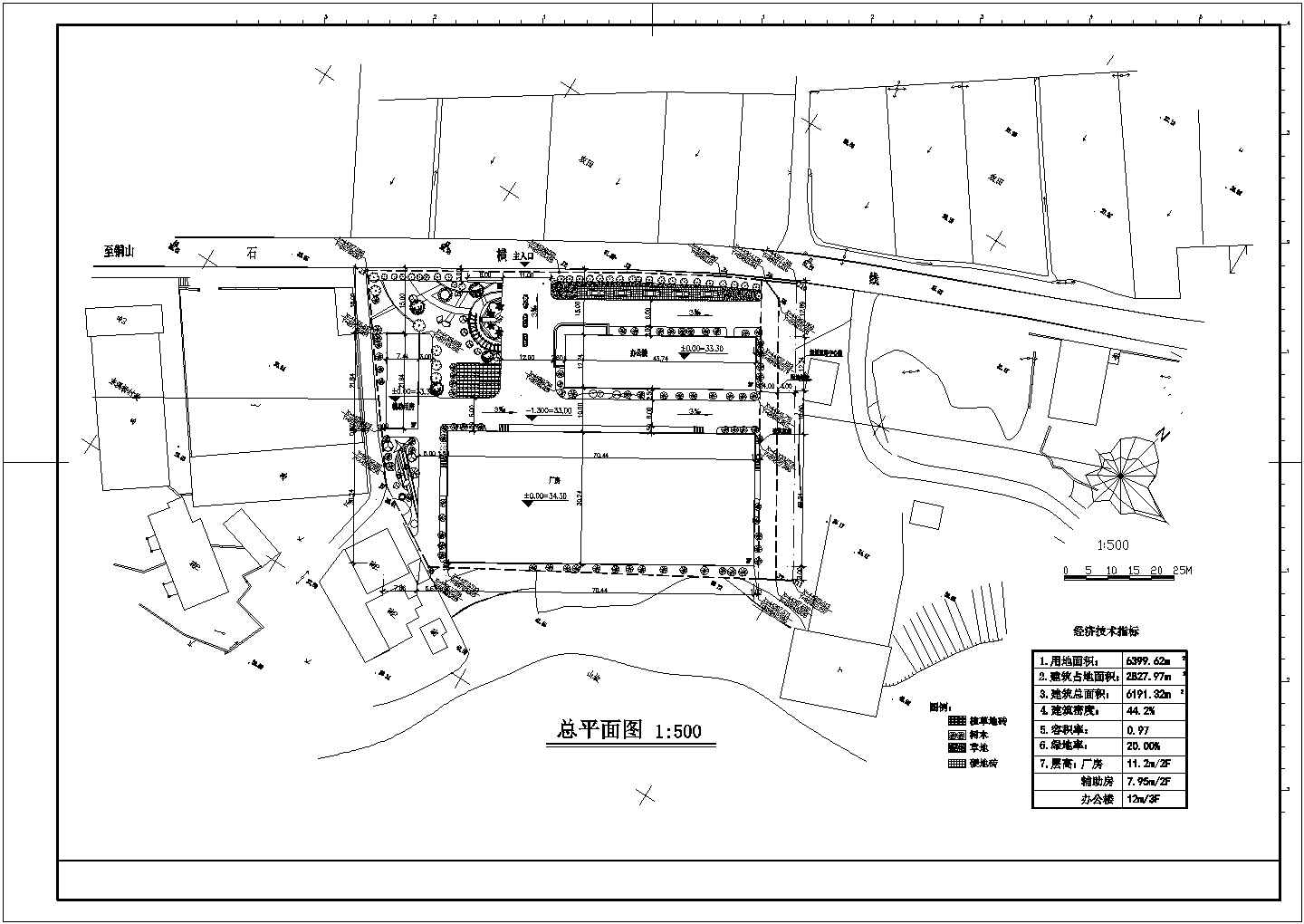 某工业厂房（用地面积6399.62㎡）规划设计cad施工总平面图（含经济技术指标）