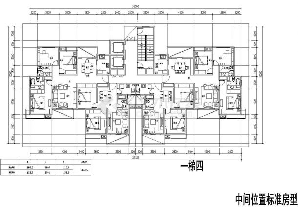 塔式高层一梯四户户型设计CAD图-图二
