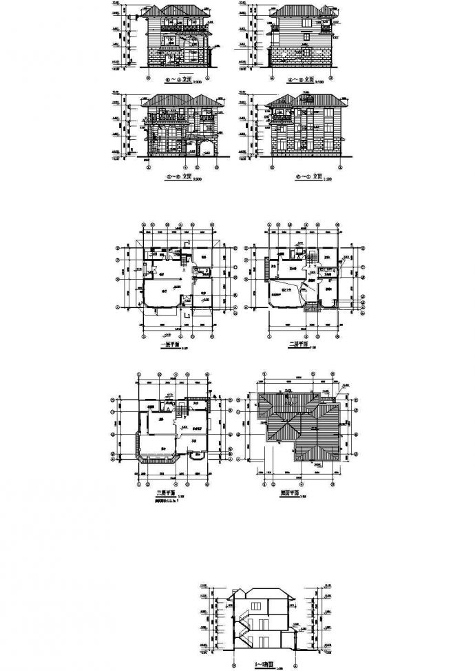 某14.14x12.14米三层欧式别墅建筑方案图（南入口）_图1