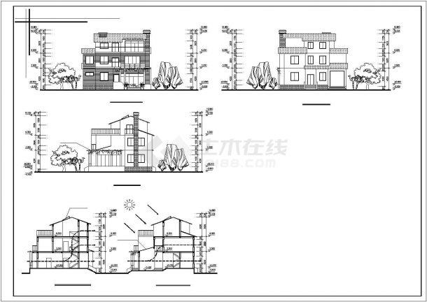 280平米3层框混结构单体别墅平立剖面设计CAD图纸（2套方案）-图一