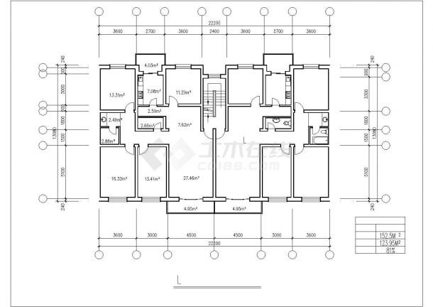 青岛某小区住宅每户152平对称户型设计CAD图纸（1梯2户）-图一