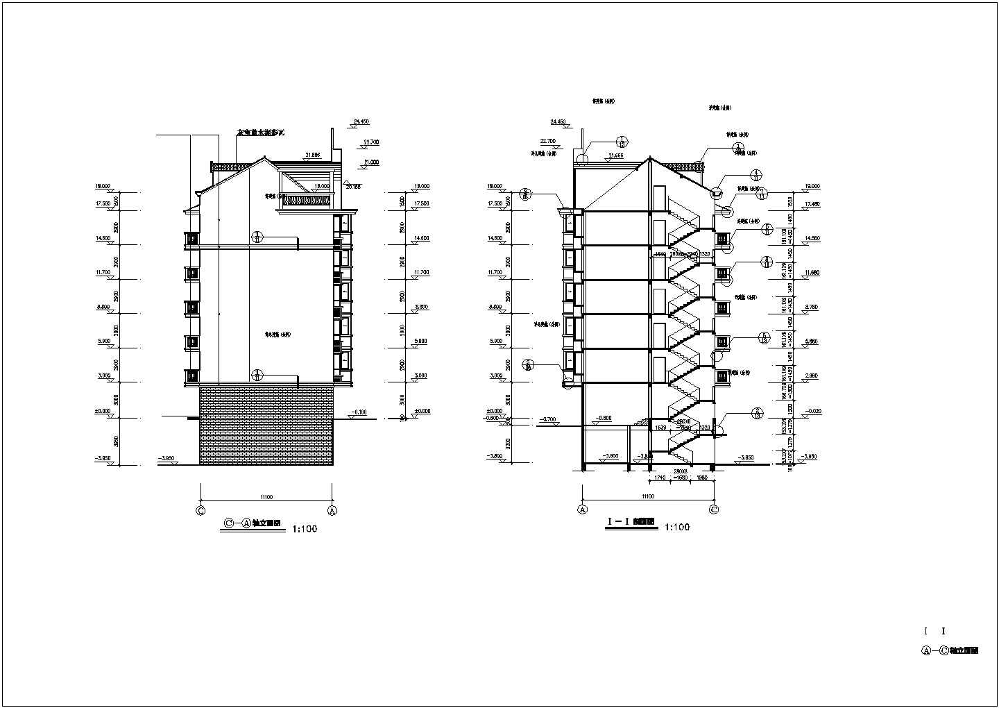 3500平米6层框混结构住宅楼平立剖面设计CAD图纸（含半地下室）