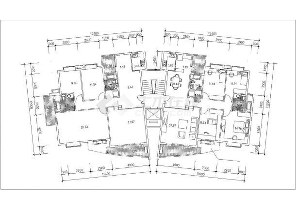 天津御水湾小区142+145平米户型设计CAD图纸（1梯2户）-图一