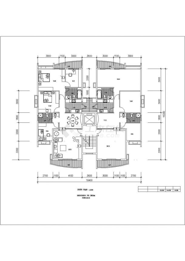 北京某住宅每户144平1梯2户户型设计CAD图纸（含230平复式户型图）-图一