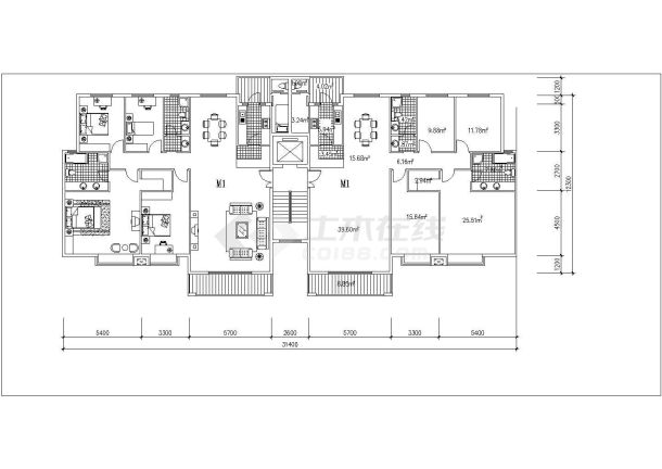 西安澄和家园小区每户181平大面积户型设计CAD图纸（1梯2户）-图一