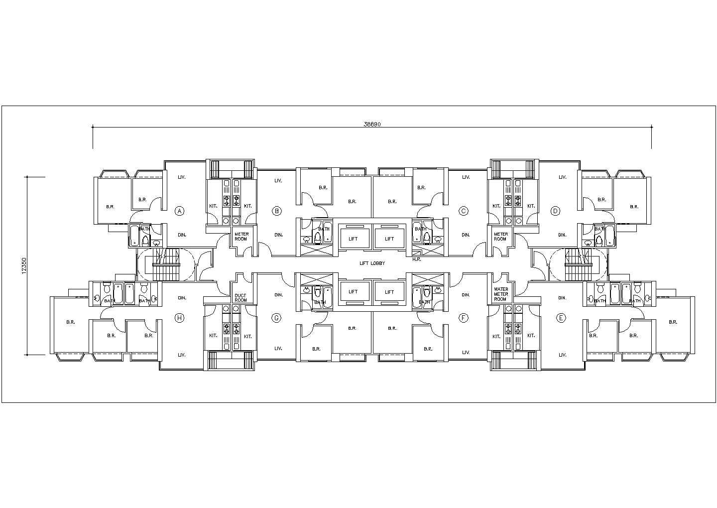 无锡荣尚新居小区住宅楼2梯8户平面户型设计CAD图纸