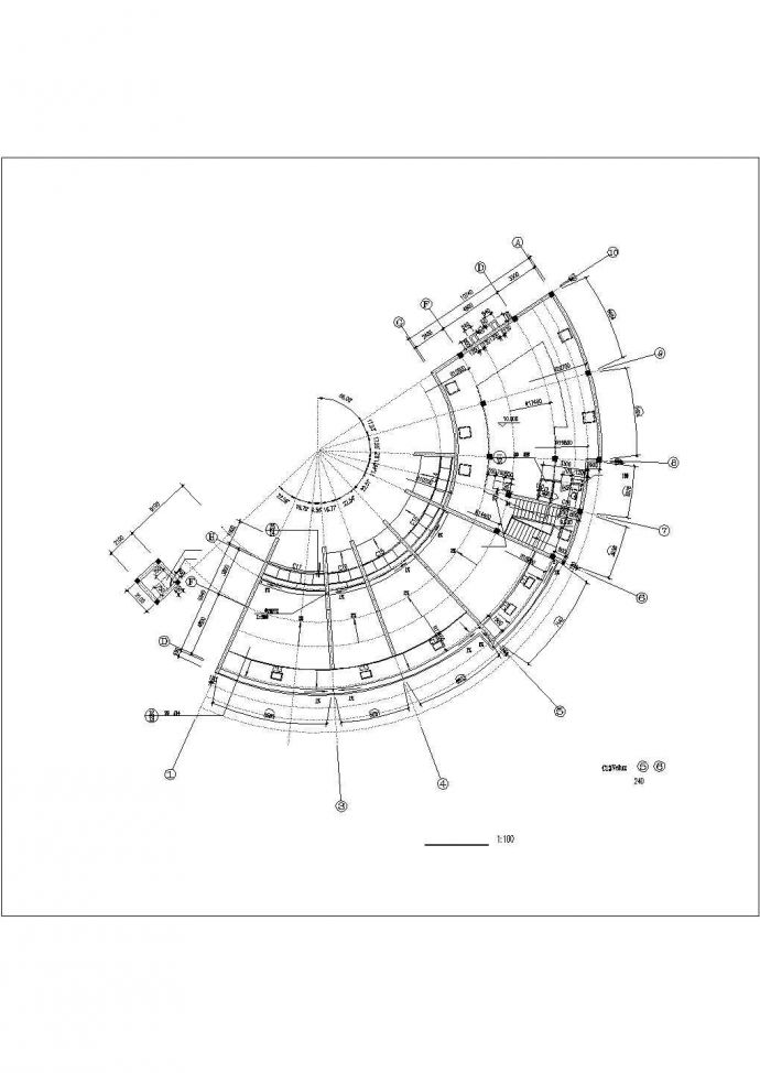 某小区2200平米3+1层扇形框架结构休闲会所平立剖面设计CAD图纸_图1
