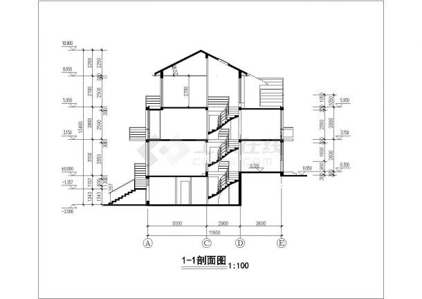 3层框架结构四拼别墅平立剖面设计CAD图纸（每户390平米/含车库）-图二