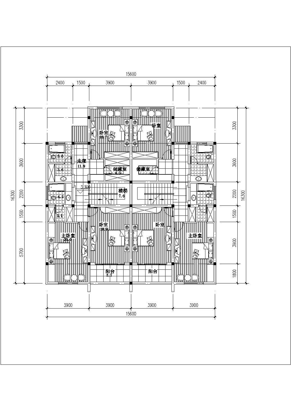2层框混结构双拼别墅平立剖面设计CAD图纸（每户220平米）