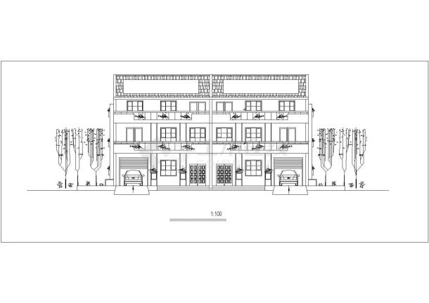 2+1层框架结构双拼别墅平立剖面设计CAD图纸（每户320平米）-图二