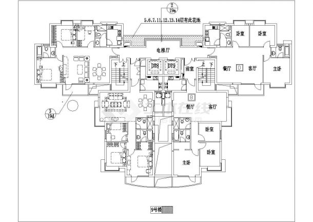 北京花样年华小区住宅标准层户型设计CAD图纸（1梯4户型）-图一