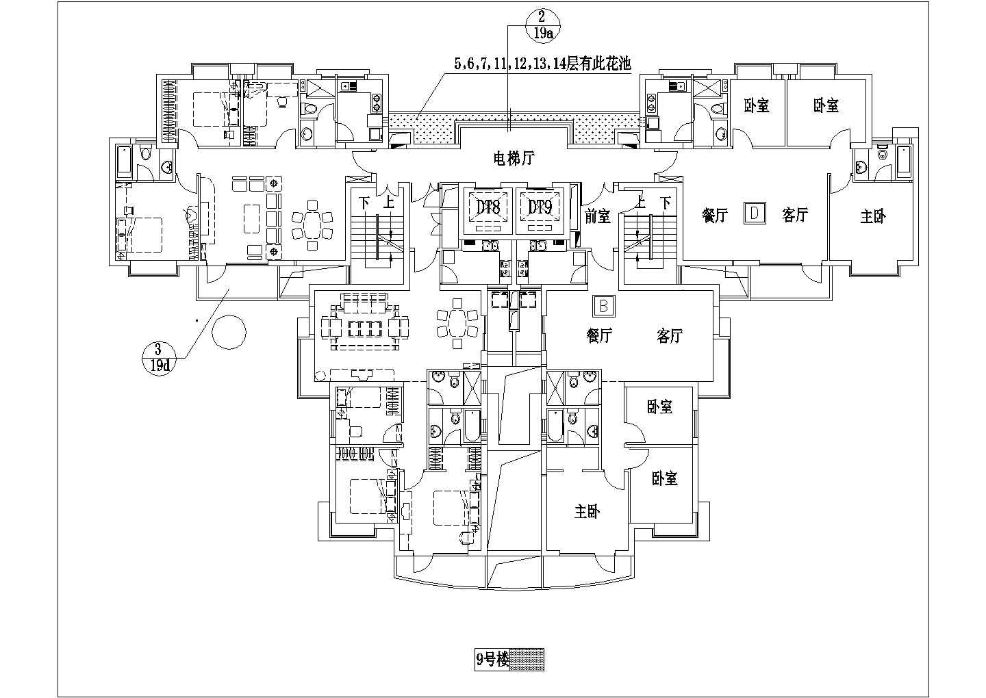 北京花样年华小区住宅标准层户型设计CAD图纸（1梯4户型）