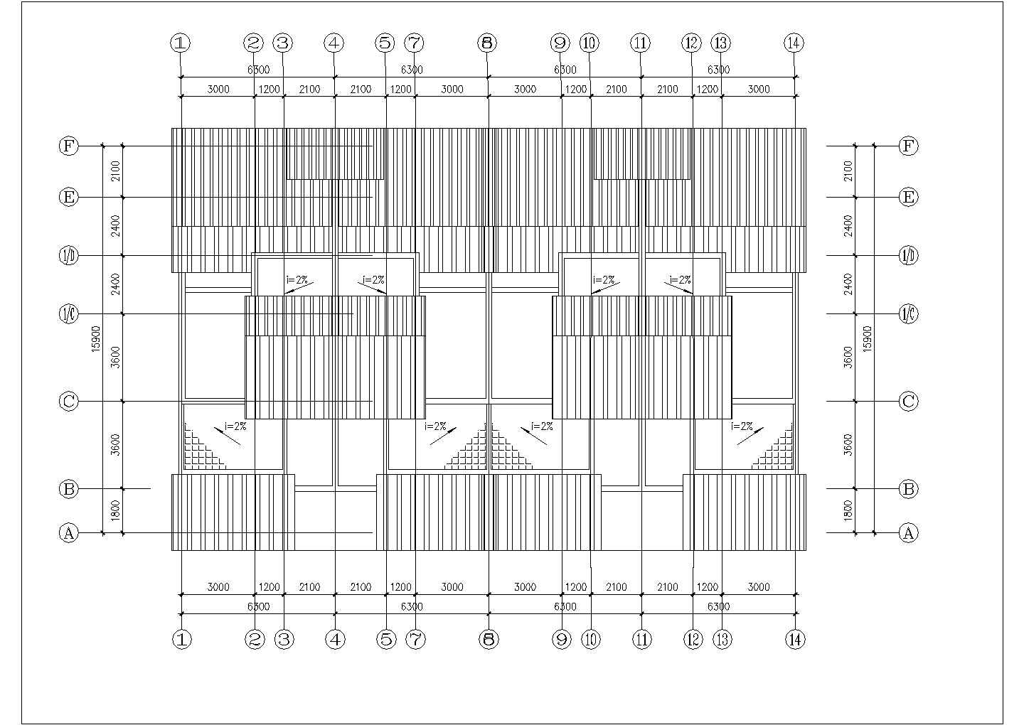 1500平米三层框架结构组合别墅楼平立剖面设计CAD图纸（1楼4户）