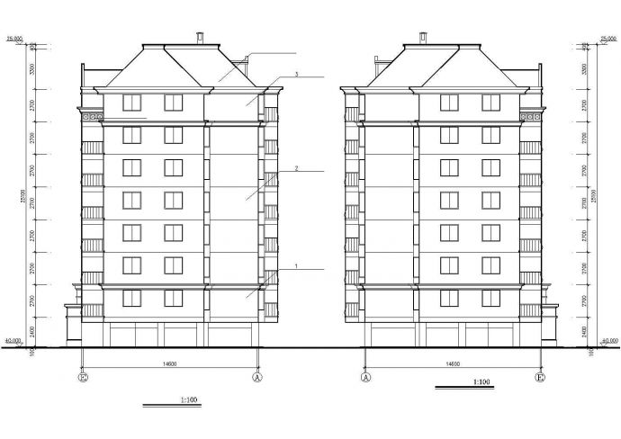 1800平米6+2层框架结构住宅楼平立剖面设计CAD图纸（含阁楼）_图1