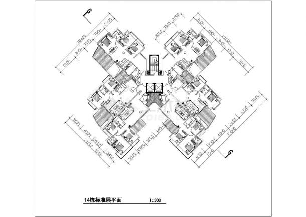 广州青年家园小区住宅楼标准层户型设计CAD图纸（1梯6户）-图一