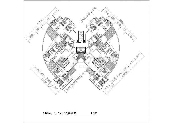 广州青年家园小区住宅楼标准层户型设计CAD图纸（1梯6户）-图二