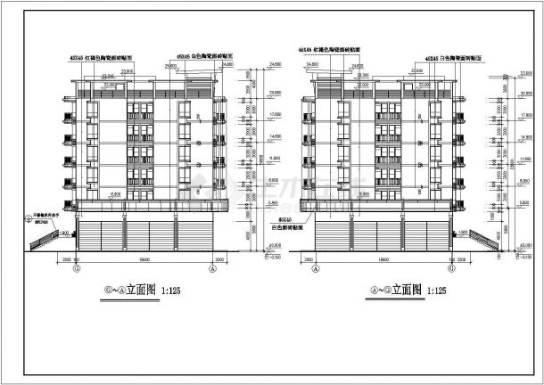 某小区临街两栋2900平6层框混商住楼平立剖面设计CAD图纸（底层商用）-图二
