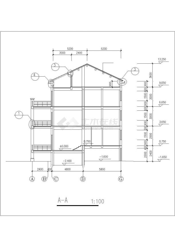 1100平米3+1层框混结构双拼式别墅平立剖面设计CAD图纸（含地下室）-图一