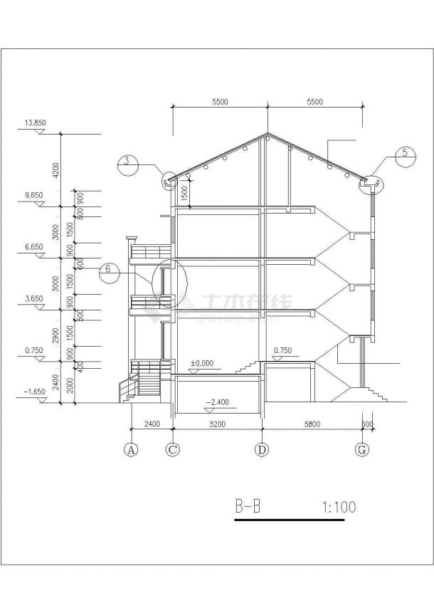 1100平米3+1层框混结构双拼式别墅平立剖面设计CAD图纸（含地下室）-图二