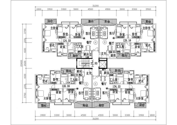 厦门朝阳新城小区131+135平米标准层对称户型设计CAD图纸（1梯4户）_图1