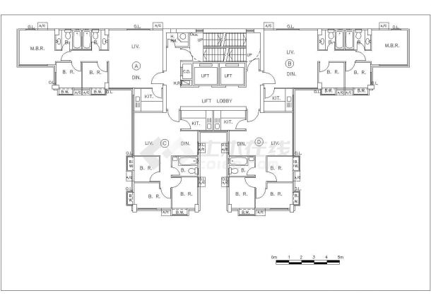 常州万豪国际小区总242平米标准层户型设计CAD图纸（1梯4户）-图一
