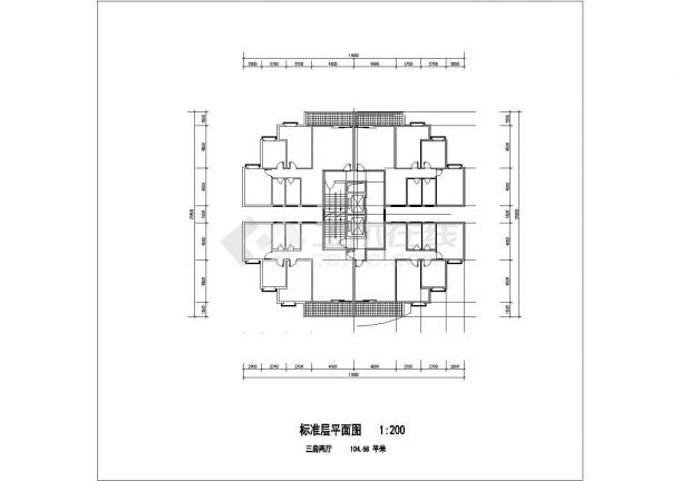 武汉东方银座小区每户104平米标准层户型设计CAD图纸（1梯4户）-图一