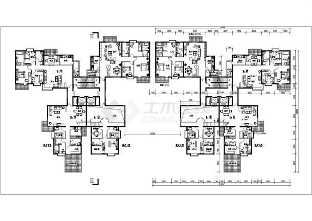 三亚市青青家园小区两张标准层户型设计CAD图纸（1梯4户）-图一