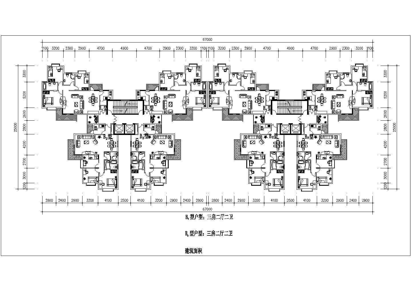 杭州西湖花园小区920平米标准层户型设计CAD图纸（2梯8户）