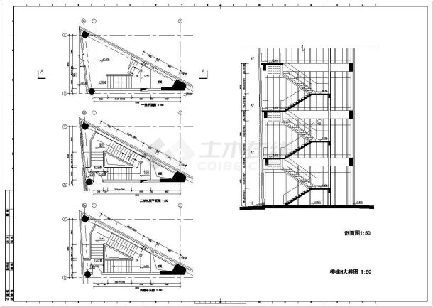 多层三跑(三角形)混凝土楼梯施工图纸（CAD，4张图纸）-图一