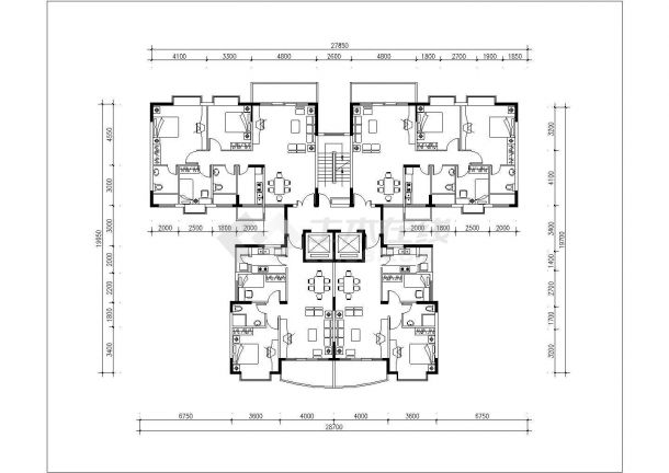 温州某小区住宅五张1梯4户标准层户型设计CAD图纸-图一