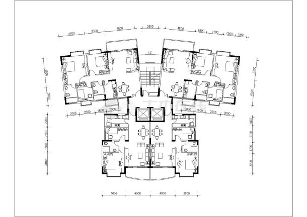 温州某小区住宅五张1梯4户标准层户型设计CAD图纸-图二