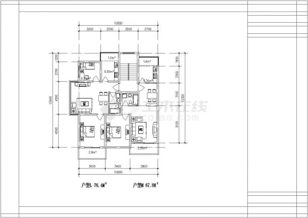 经典小于80平米住宅户型设计cad建筑平面方案图（含6种户型设计）-图二