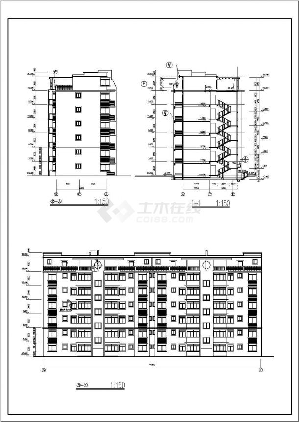 湘潭市某小区4800平米7层框架结构住宅楼立剖面设计CAD图纸-图一