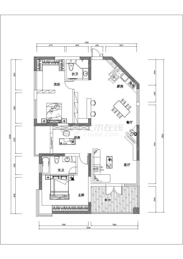 南宁市某小区120平米户型全套装修施工设计CAD图纸-图二