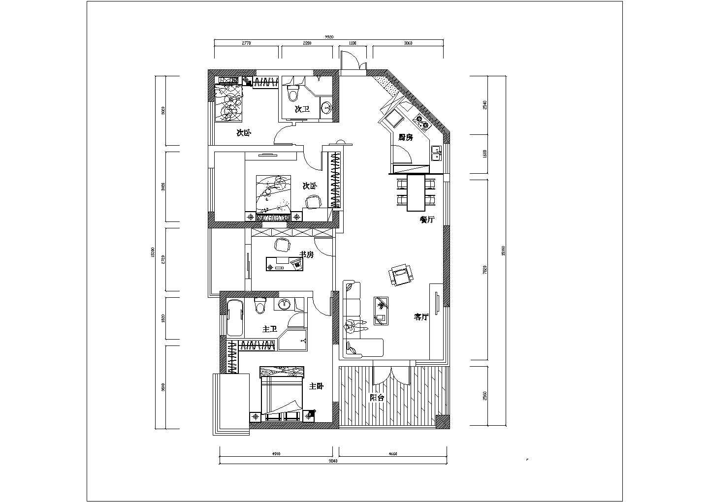 南宁市某小区120平米户型全套装修施工设计CAD图纸