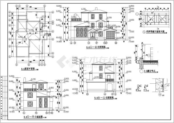 380平米左右3层框架结构单体别墅平立剖面设计CAD图纸（四套方案）-图一