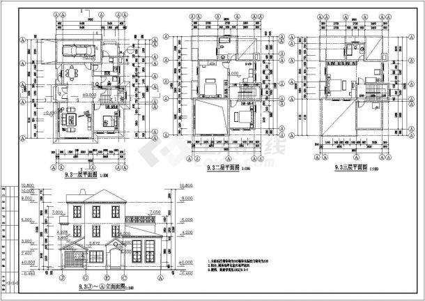 380平米左右3层框架结构单体别墅平立剖面设计CAD图纸（四套方案）-图二
