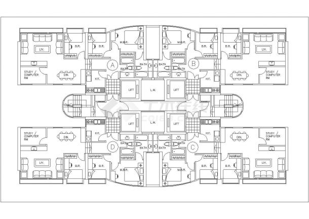 青岛朗琴园小区住宅楼标准层户型设计CAD图纸（2梯4户）-图一