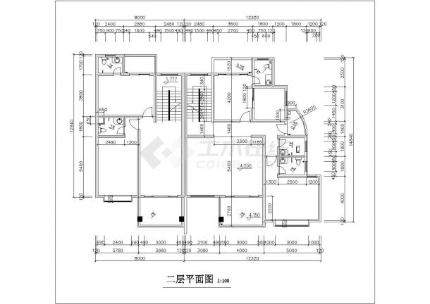 4层砖混结构双拼别墅平立剖面设计CAD图纸（每户370平米）-图二
