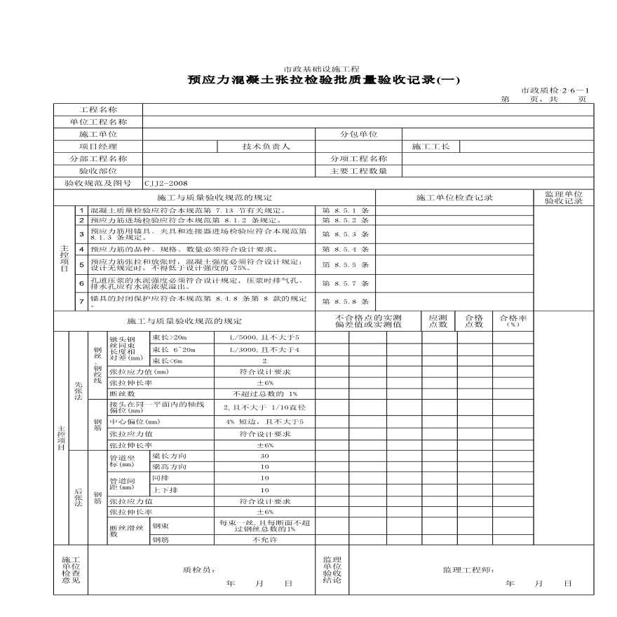 预应力混凝土张拉检验批质量验收记录(一)-图一