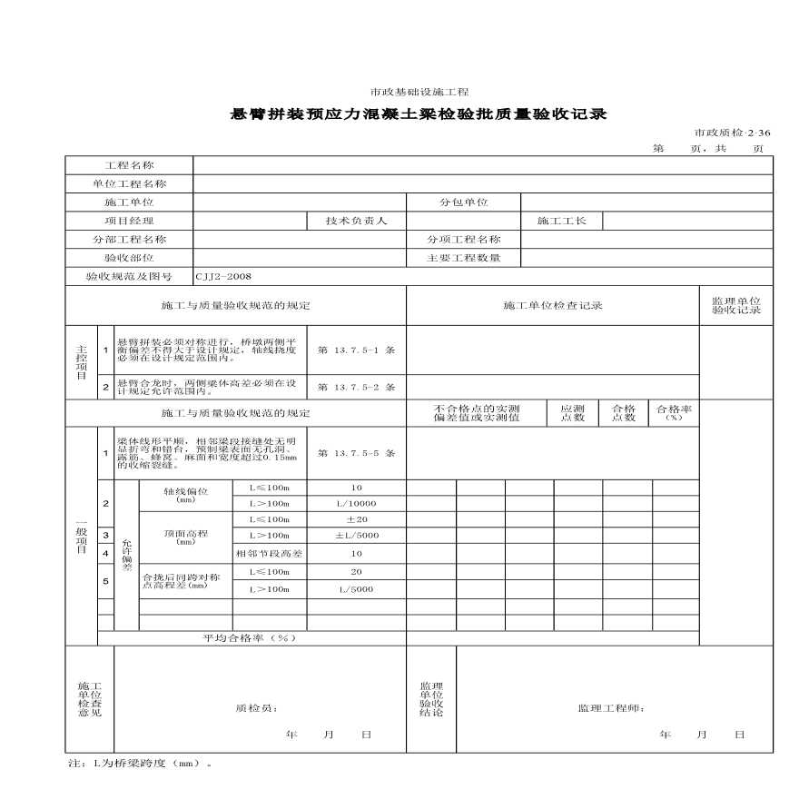 悬臂拼装预应力混凝土梁检验批质量验收记录-图一