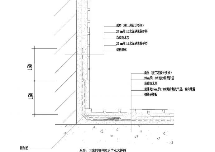 厨房、卫生间墙体防水节点大样图CAD施工图设计_图1
