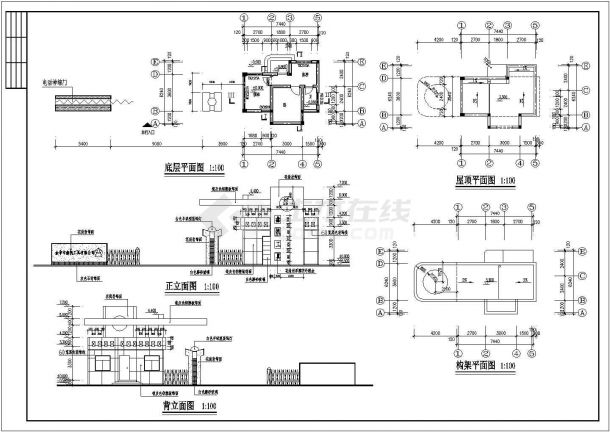 某常见大门传达室建筑设计施工详细方案CAD图纸-图二
