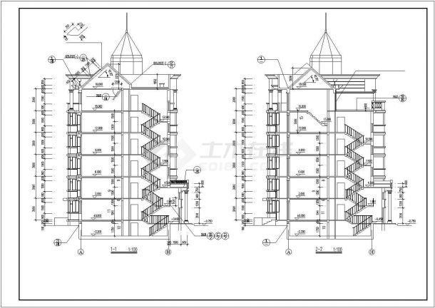 3900平米七层砖混欧式住宅楼建筑设计CAD图纸（含车库层和阁楼）-图二