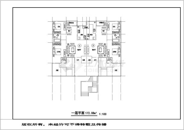广州市某小区450平米3层住宅楼平面设计CAD图纸（1梯2户）-图一