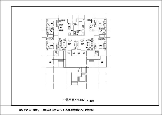 广州市某小区450平米3层住宅楼平面设计CAD图纸（1梯2户）_图1
